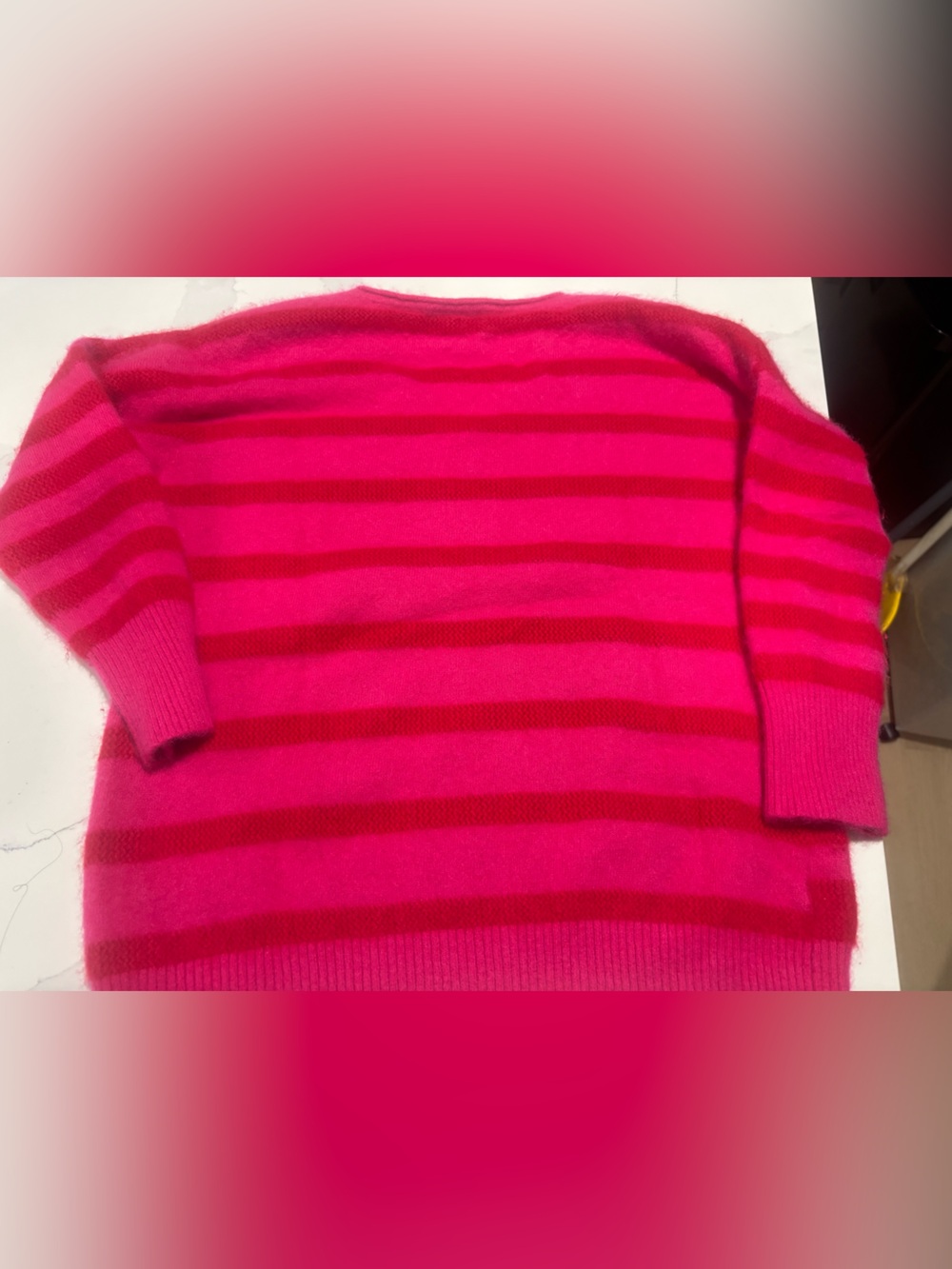 Coldwater Creek Bright Pink and Red Striped V-Neck cashmere Sweater - Picture 4 of 7